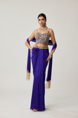 VVANI VATS - Persian Blue Mirror Corset Satin draped skirt Set