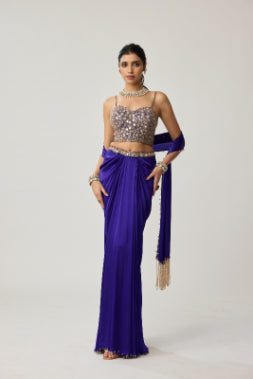 VVANI VATS - Persian Blue Mirror Corset Satin draped skirt Set