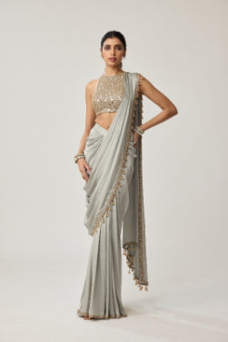 VVANI VATS - Powder Grey Mirror Satin Saree Set
