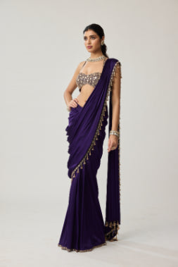 VVANI VATS - Royalty Purple Mirror Draped Saree Set