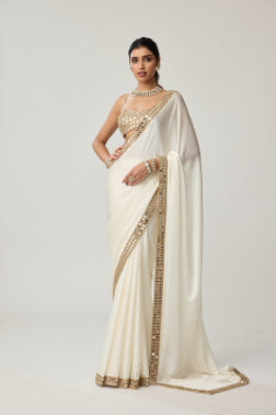 VVANI VATS - Off White Mirror Satin Saree Set