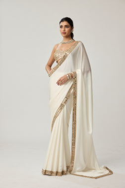 VVANI VATS - Off White Mirror Satin Saree Set