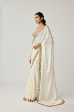 Off White Mirror Satin Saree Set