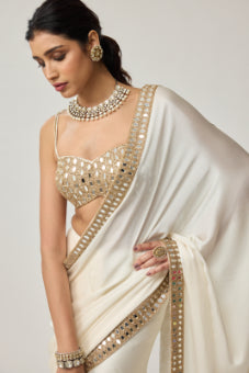 Off White Mirror Satin Saree Set