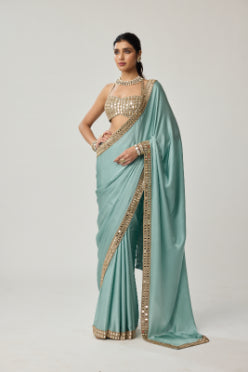 VVANI VATS - Powder Blue Mirror Satin Saree Set