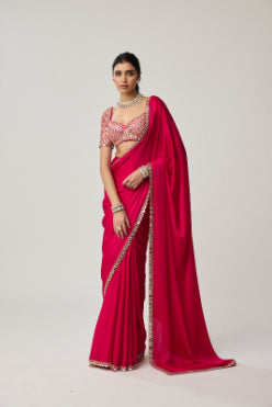 VVANI VATS - Crimson Red Gota Mirror Satin Saree Set
