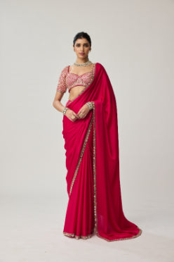 VVANI VATS - Crimson Red Gota Mirror Satin Saree Set