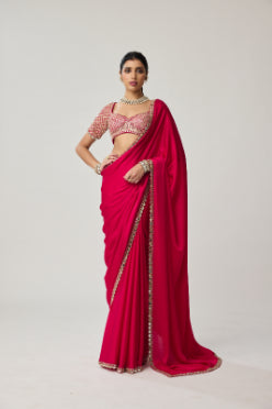 Crimson Red Gota Mirror Satin Saree Set