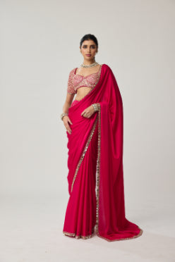 Crimson Red Gota Mirror Satin Saree Set
