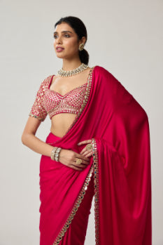 Crimson Red Gota Mirror Satin Saree Set