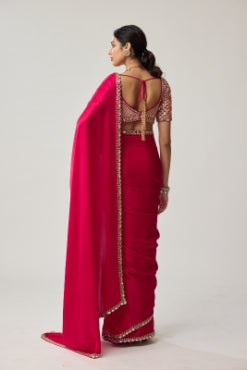Crimson Red Gota Mirror Satin Saree Set