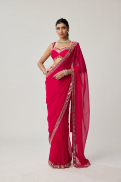 VVANI VATS - Crimson Red Mirror embroidered Georgette Saree Set
