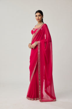 Crimson Red Mirror embroidered Georgette Saree Set