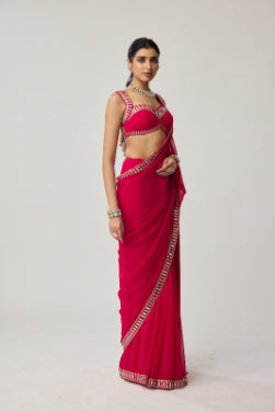 Crimson Red Mirror embroidered Georgette Saree Set