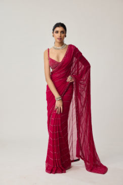 VVANI VATS - Ruby Red Crystal Saree set