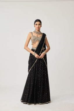 VVANI VATS - Black Georgette Flared pants Saree Set