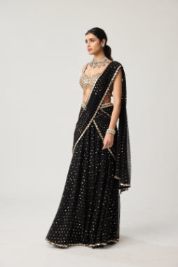 VVANI VATS - Black Georgette Flared pants Saree Set