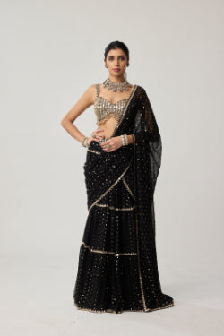VVANI VATS - Black Georgette Multi-tier Saree Set