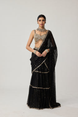 VVANI VATS - Black Georgette Multi-tier Saree Set