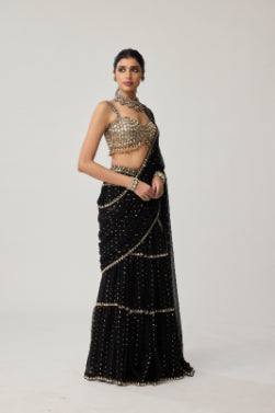 Black Georgette Multi-tier Saree Set