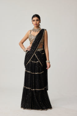 Black Georgette Multi-tier Saree Set