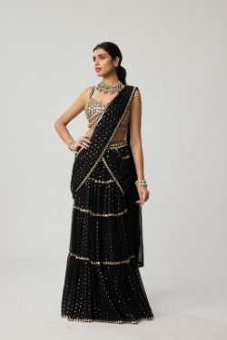Black Georgette Multi-tier Saree Set