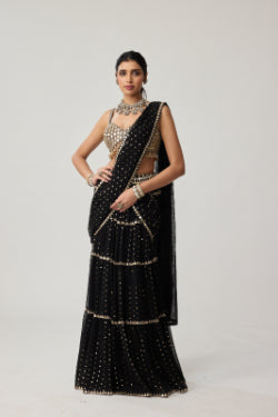 Black Georgette Multi-tier Saree Set