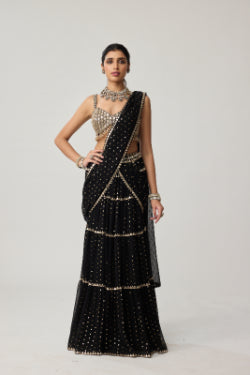 Black Georgette Multi-tier Saree Set