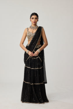 Black Georgette Multi-tier Saree Set