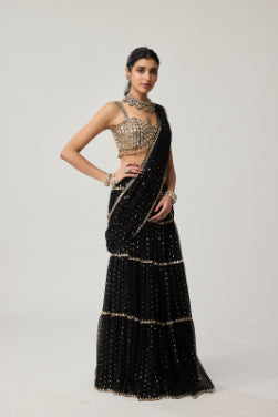 Black Georgette Multi-tier Saree Set