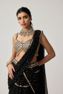 Black Georgette Multi-tier Saree Set