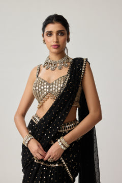 Black Georgette Multi-tier Saree Set