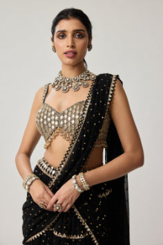 Black Georgette Multi-tier Saree Set