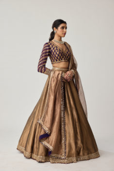 Copper Tissue Mughal Motif Lehenga Set