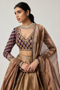 Copper Tissue Mughal Motif Lehenga Set