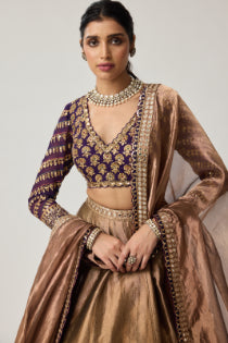 Copper Tissue Mughal Motif Lehenga Set
