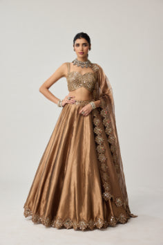 VVANI VATS - Copper Tissue Mirror Geometry Lehenga Set