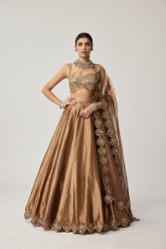VVANI VATS - Copper Tissue Mirror Geometry Lehenga Set
