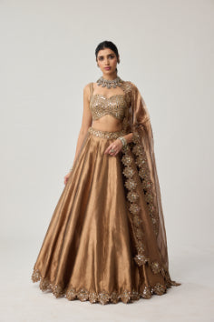Copper Tissue Mirror Geometry Lehenga Set