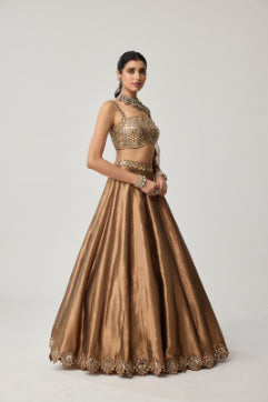 Copper Tissue Mirror Geometry Lehenga Set