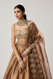 Copper Tissue Mirror Geometry Lehenga Set