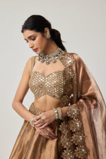 Copper Tissue Mirror Geometry Lehenga Set