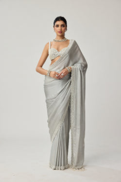VVANI VATS - Powder Grey Chiffon Pearl and Mirror saree set