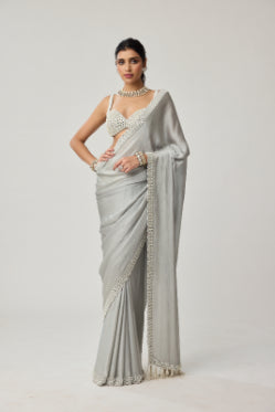 VVANI VATS - Powder Grey Chiffon Pearl and Mirror saree set