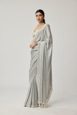 Powder Grey Chiffon Pearl and Mirror saree set