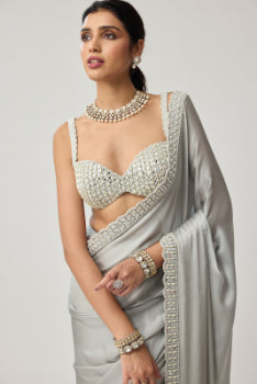 Powder Grey Chiffon Pearl and Mirror saree set
