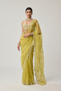 VVANI VATS - Fern Green Organza Mirror and Pearl saree set