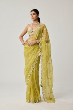 VVANI VATS - Fern Green Organza Mirror and Pearl saree set