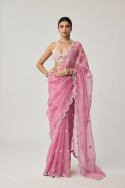 VVANI VATS - Onion Pink Organza Pearl saree set