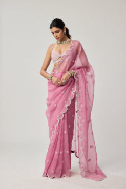 VVANI VATS - Onion Pink Organza Pearl saree set